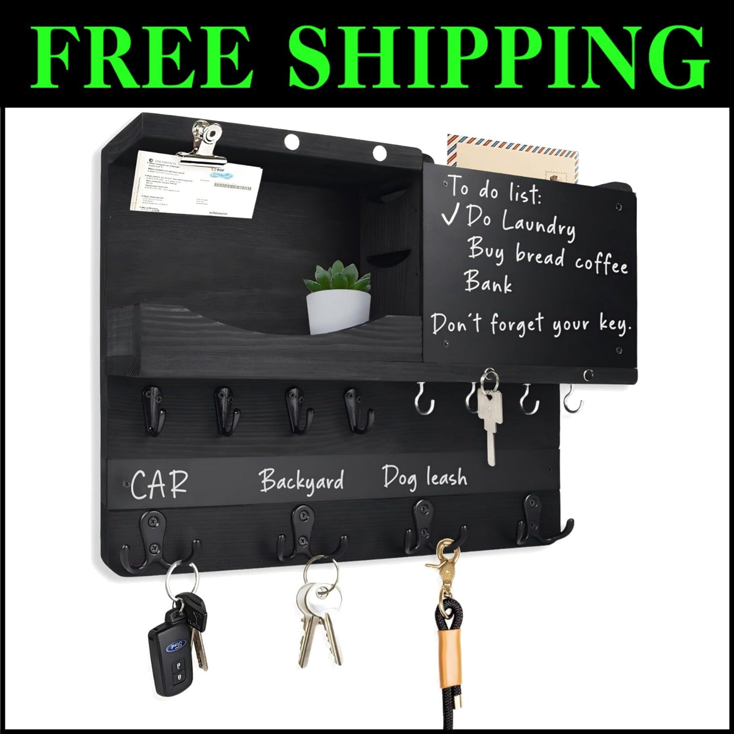 Antique Finish Key and Mail Holder with Chalkboard and Rustic Shelf Design