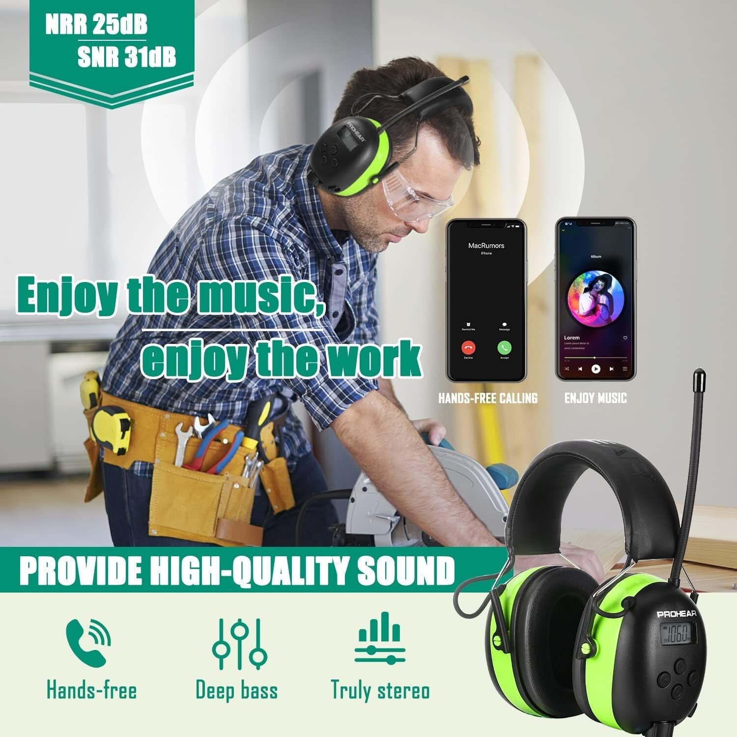 Premium 5.3 Bluetooth Earmuffs with AM/FM Radio & Rechargeable Battery - Green