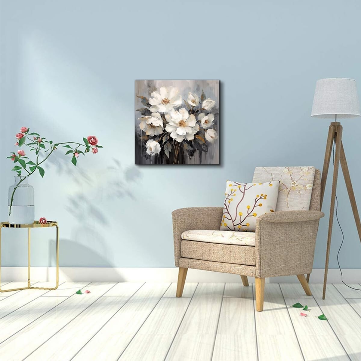 Elegant 24x24in White and Gray Flower Canvas Wall Art for Home Decor