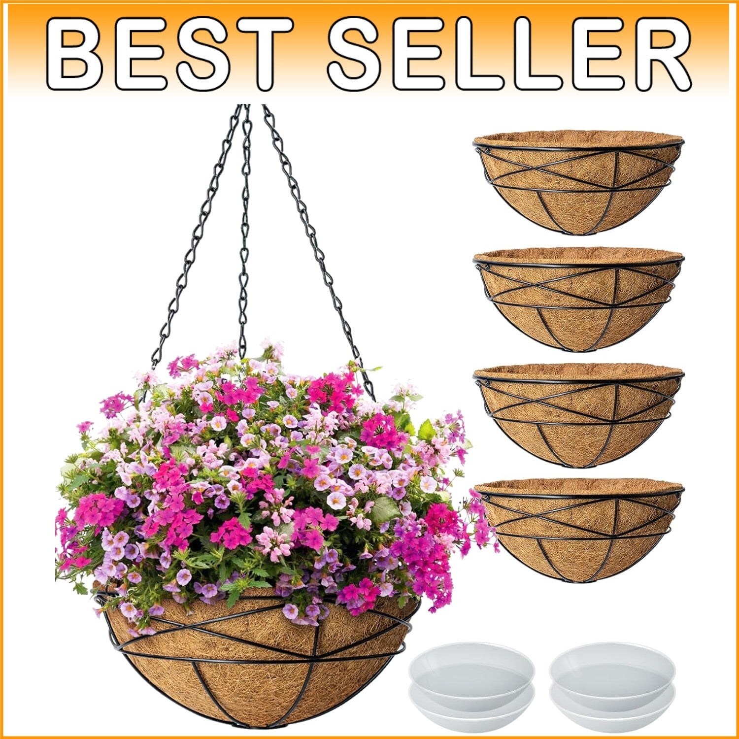 Elegant 4 Pack 14 Inch Hanging Flower Baskets with Coco Liner for Outdoor Plants