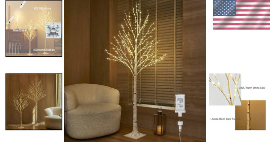 Stylish 6FT Birch Tree Featuring 330 Fairy Lights - Ideal for Indoor/Outdoor Use