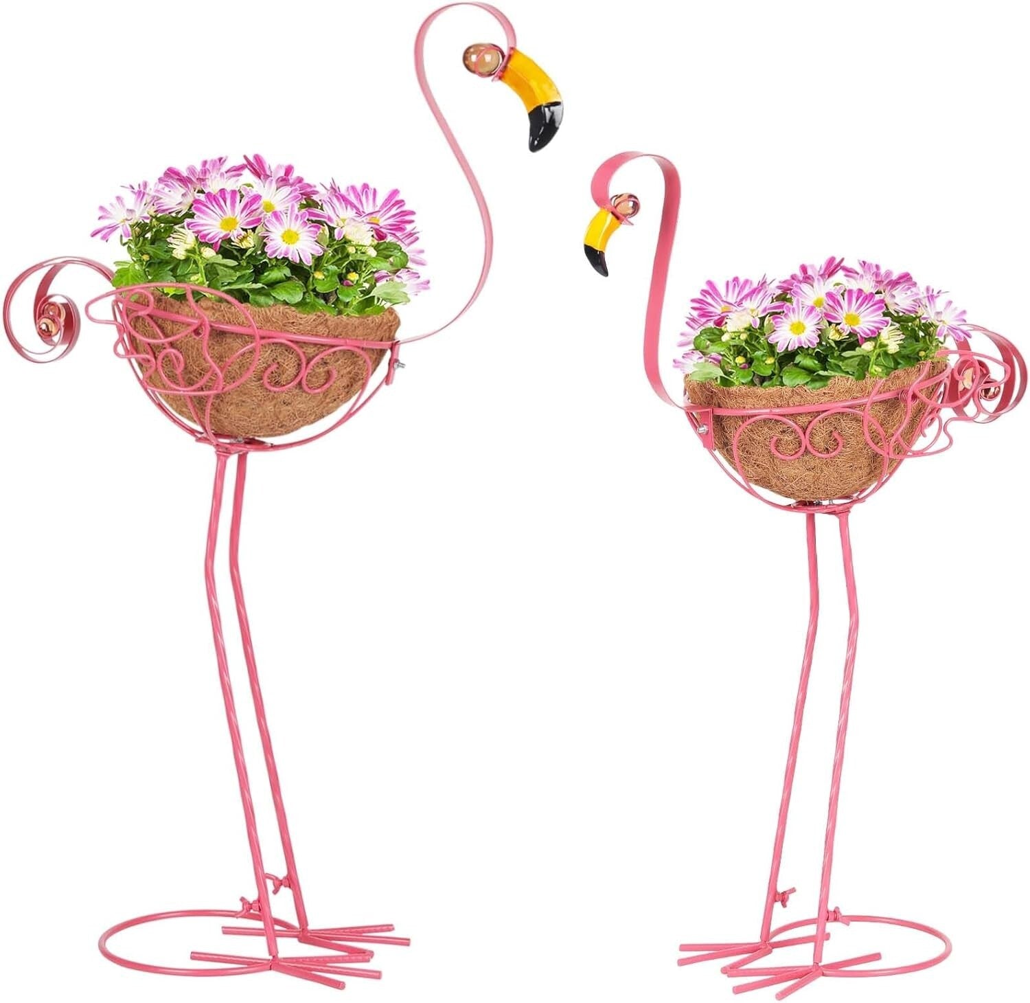 Adorable Pink Flamingo Planters - Set of 2 with Easy Assembly & Coconut Baskets