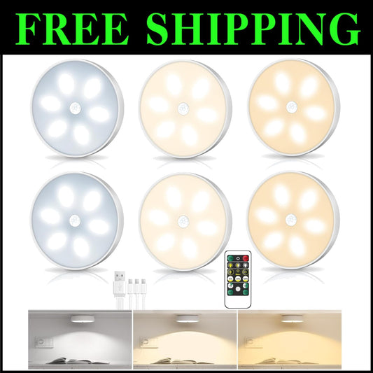 6-Pack Wireless Motion Sensor LED Puck Lights with Remote - 3 Color Temperatures