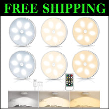 Load image into Gallery viewer, 6-Pack Wireless Motion Sensor LED Puck Lights with Remote - 3 Color Temperatures