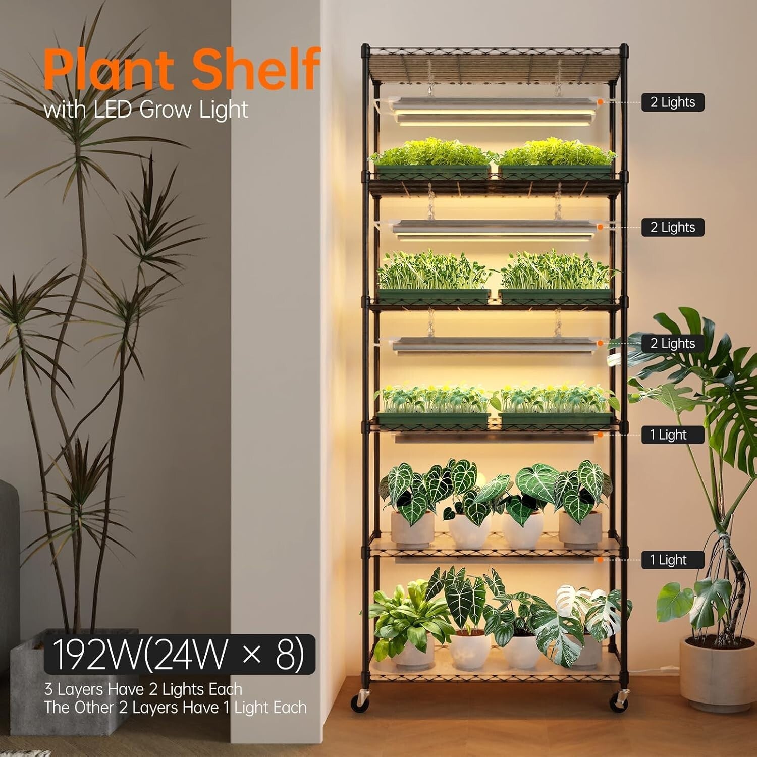 DIY Grow Shelf with 8 Full Spectrum Lights & Mobile Design for Indoor Plants