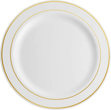 Load image into Gallery viewer, Sophisticated White Gold Trim Plastic Plates - Perfect for Weddings &amp; Parties
