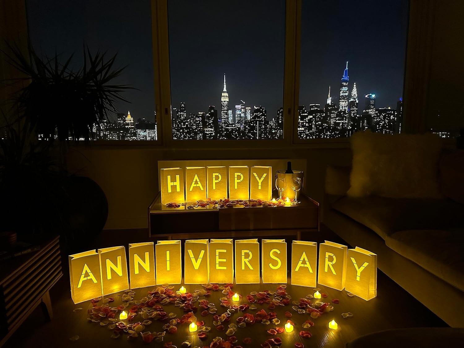 Enchanting Wedding Anniversary Decorations with LED Tealights & Rose Petal Set