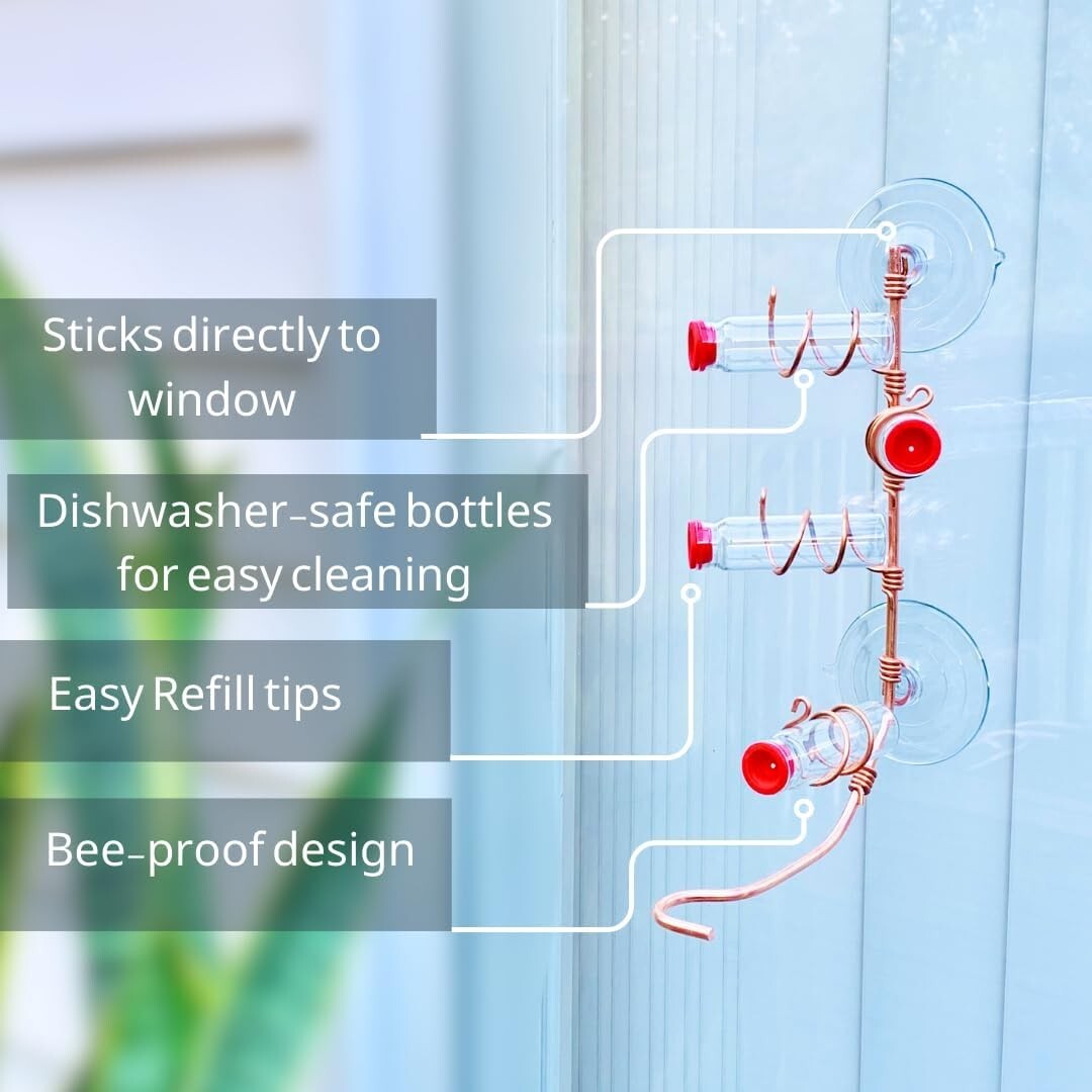 Handcrafted Copper Window Hummingbird Feeder with 4 Stations & Easy-Fill Bottles