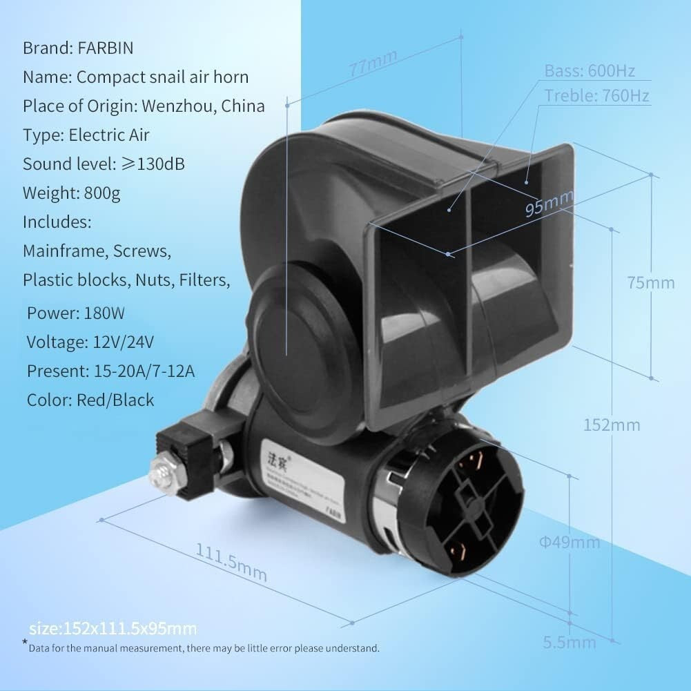 Super Loud 12V Air Horn - 150Db Black Electric Horn with Easy Install Harness