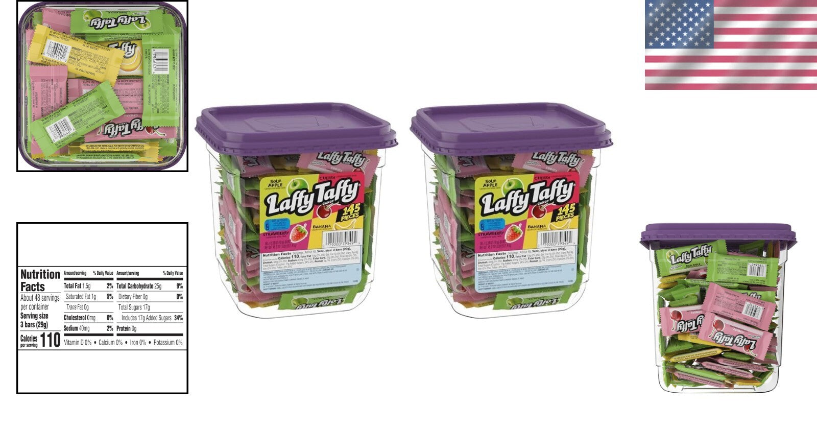Assorted Fruit Taffy Candy Mix - Sour Apple, Cherry, Strawberry & Banana 145 Pc