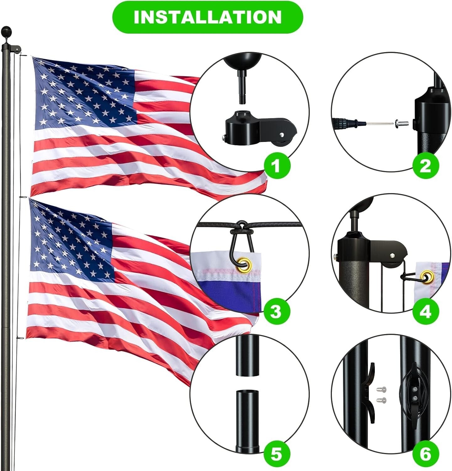 Rust-Resistant 25 FT Flag Pole with 41 FT Rope & Accessories for Proud Display