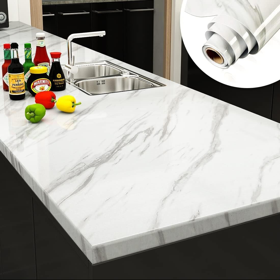 Self-Adhesive Glossy Marble Wallpaper for Kitchen Counter - Easy Renovation