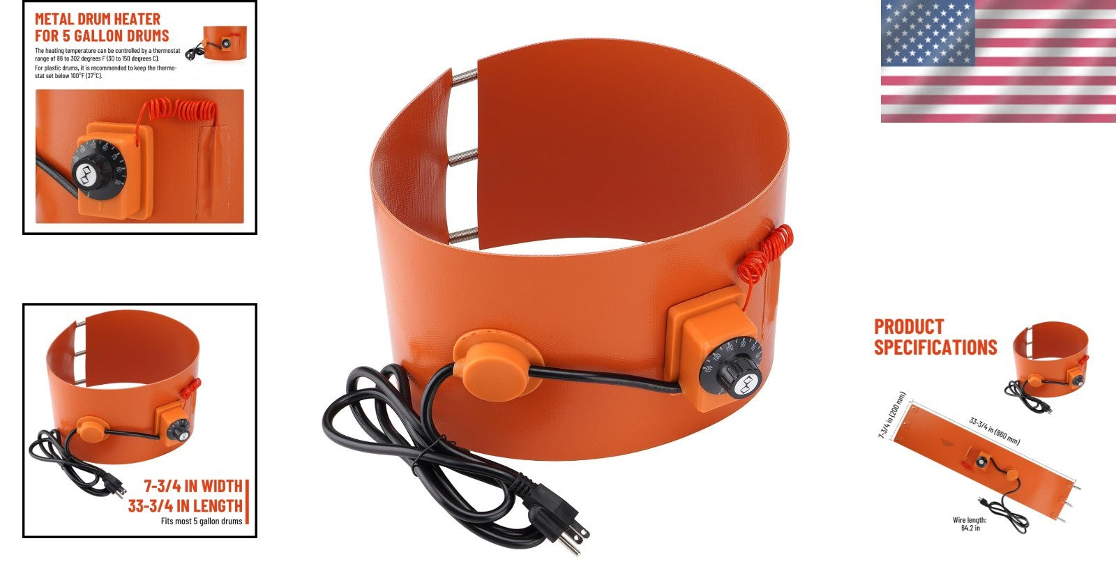 Durable Metal Band Heater for 5-Gallon Drums - 120V with Adjustable Thermostat