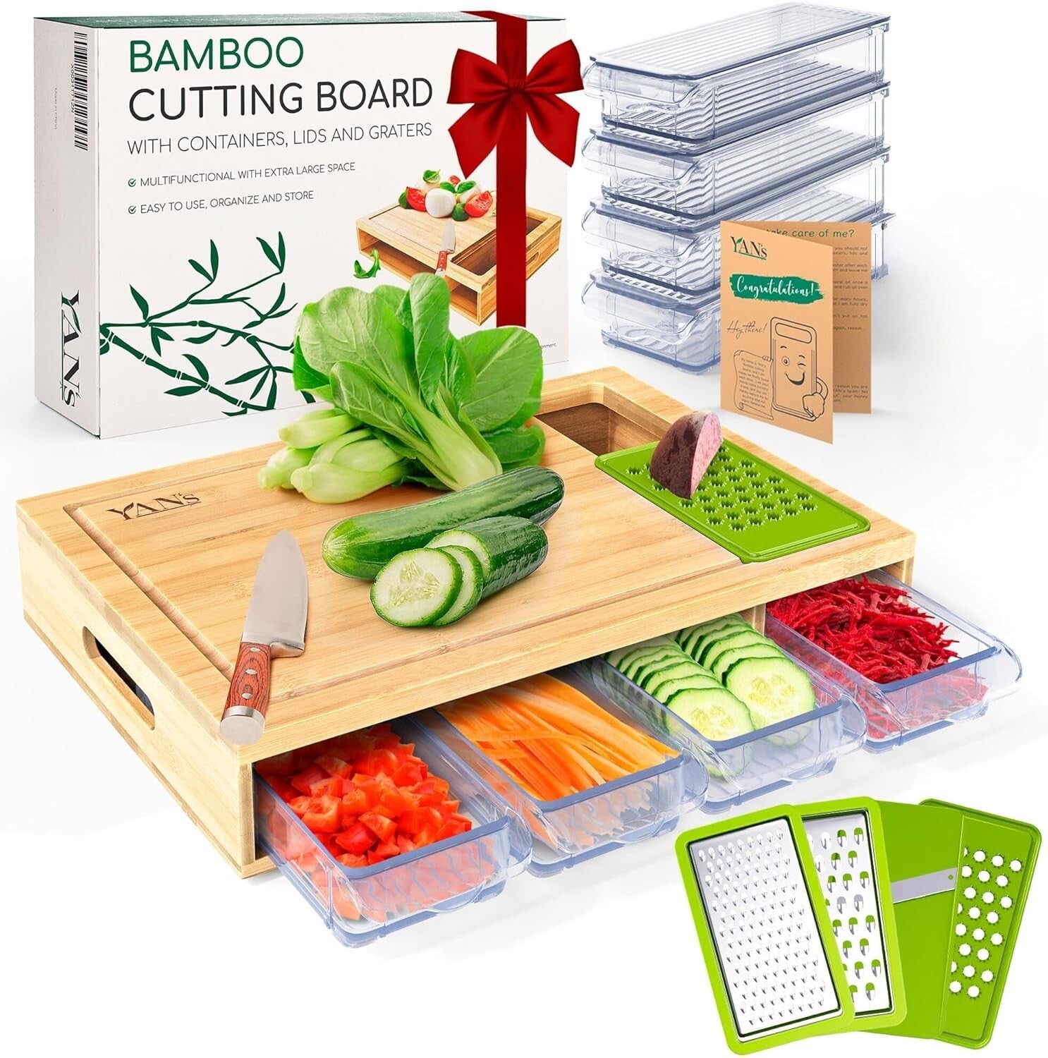 Space-Saving Bamboo Cutting Board & Drawer Set - Perfect for Hosting and Gifting