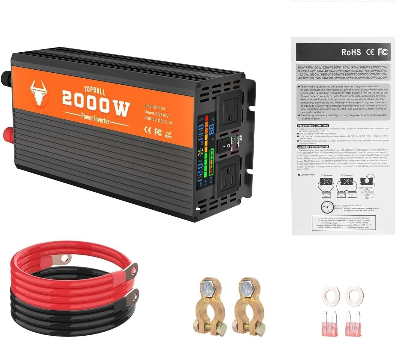 2000W Car Power Inverter - LED Display, Dual Outlets & USB for RV & Camping