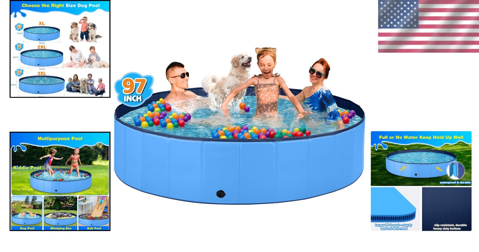 Large Portable Dog Pool with Quick Drain & Foldable Design - 97" Round