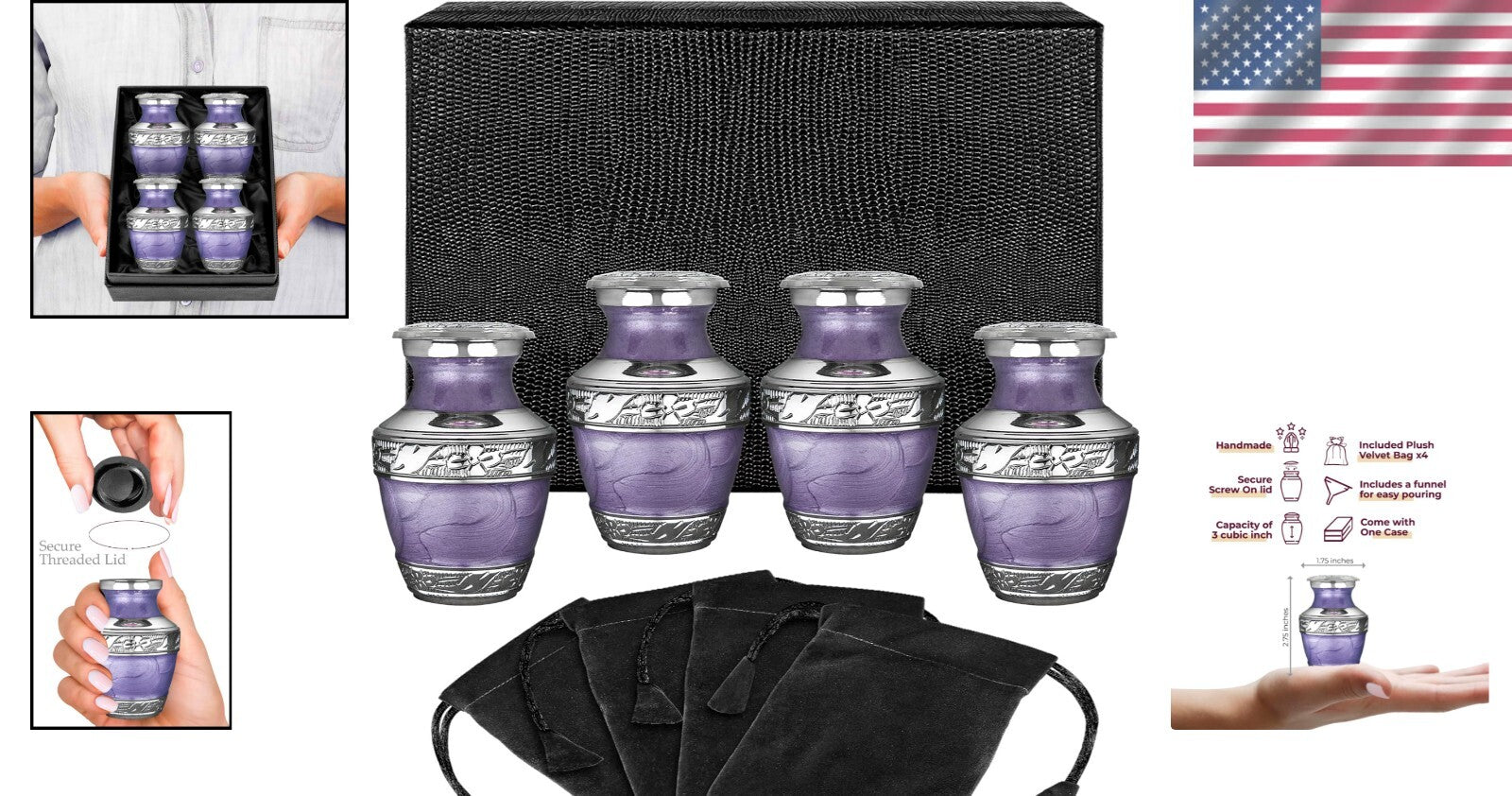Versatile Small Urns for Ashes - Elegant Purple Brass Set of 4 with Velvet Bags