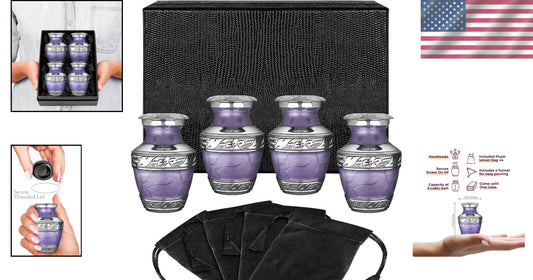 Versatile Small Urns for Ashes - Elegant Purple Brass Set of 4 with Velvet Bags