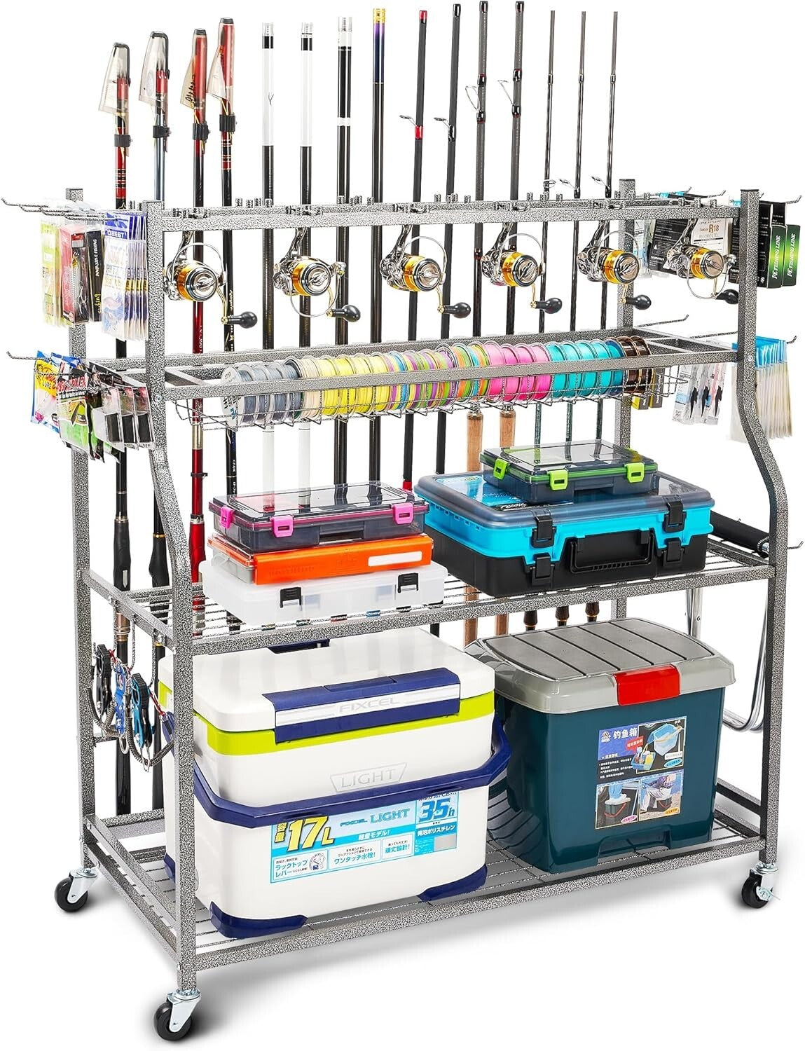 Multi-Functional Fishing Gear Organizer Rack with Smooth Rolling Caster Design