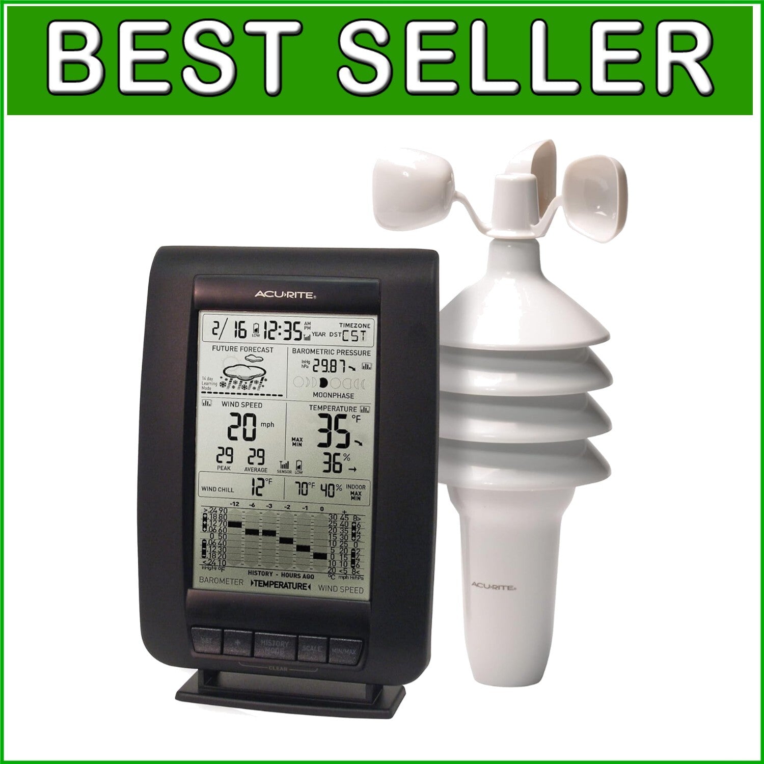 Black Wireless Weather Station with Self-Calibrating Sensor - Indoor/Outdoor Use