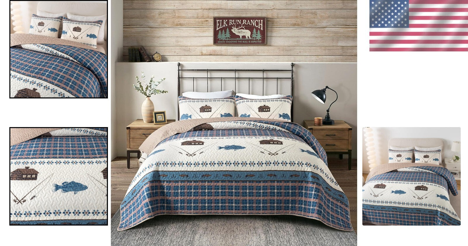 Reversible Twin Gone Fishing Quilt with Sham - Cozy Outdoor Themed Bedding