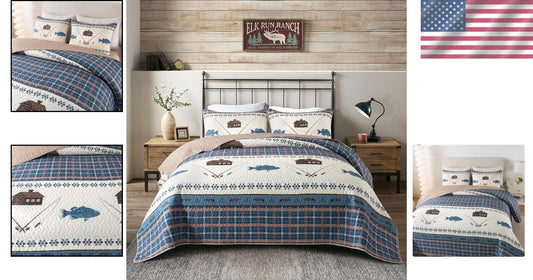 Reversible Twin Gone Fishing Quilt with Sham - Cozy Outdoor Themed Bedding