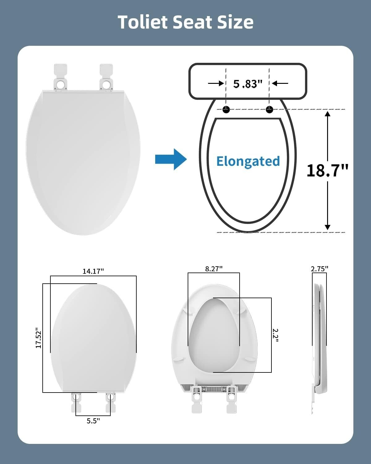 Durable Elongated Toilet Seat - Soft Close, Easy Install, and Non-Slip Bumpers