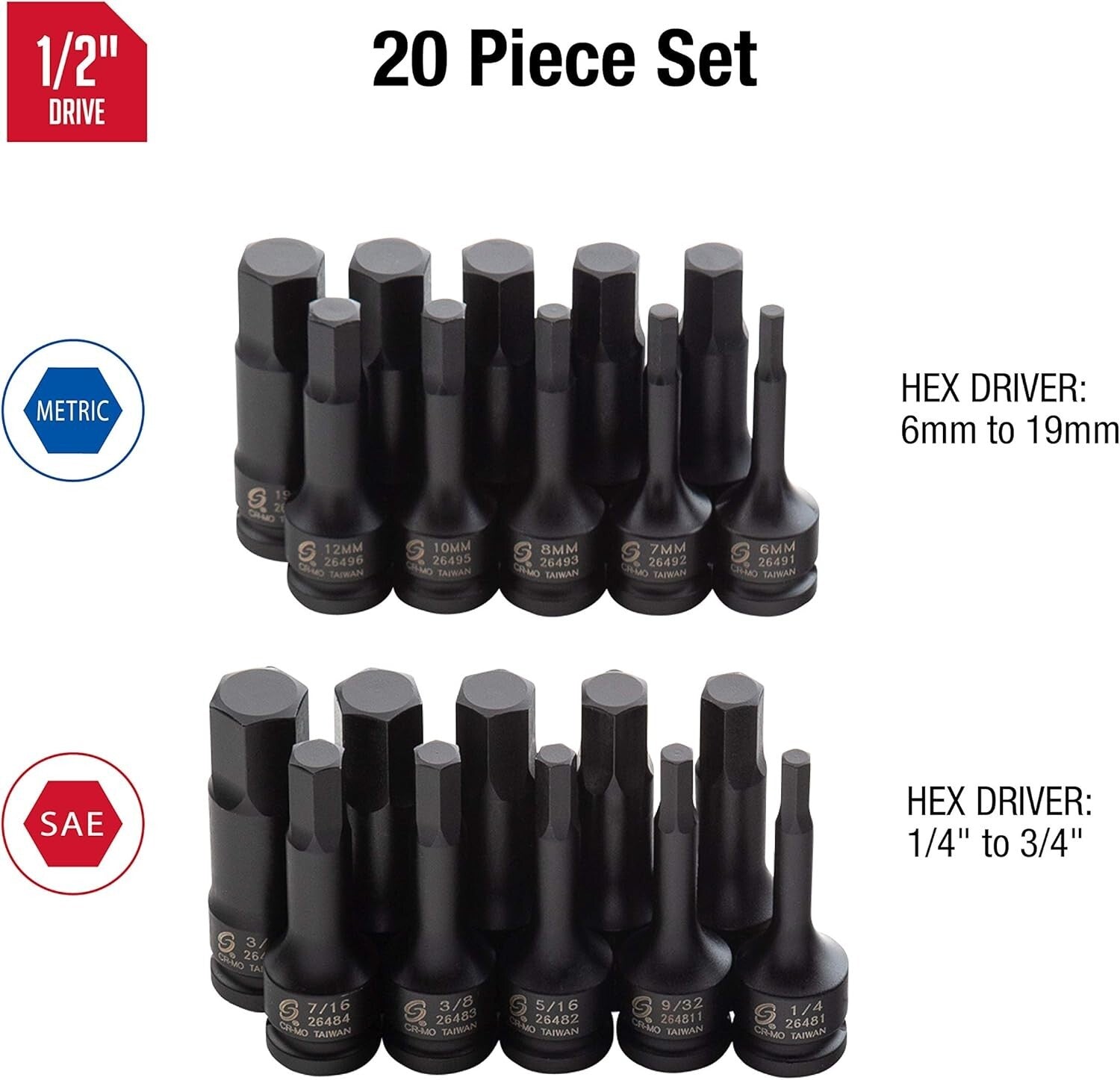 20-Piece 1/2" Drive Impact Hex Driver Set: SAE & Metric, Cr-Mo Steel Quality