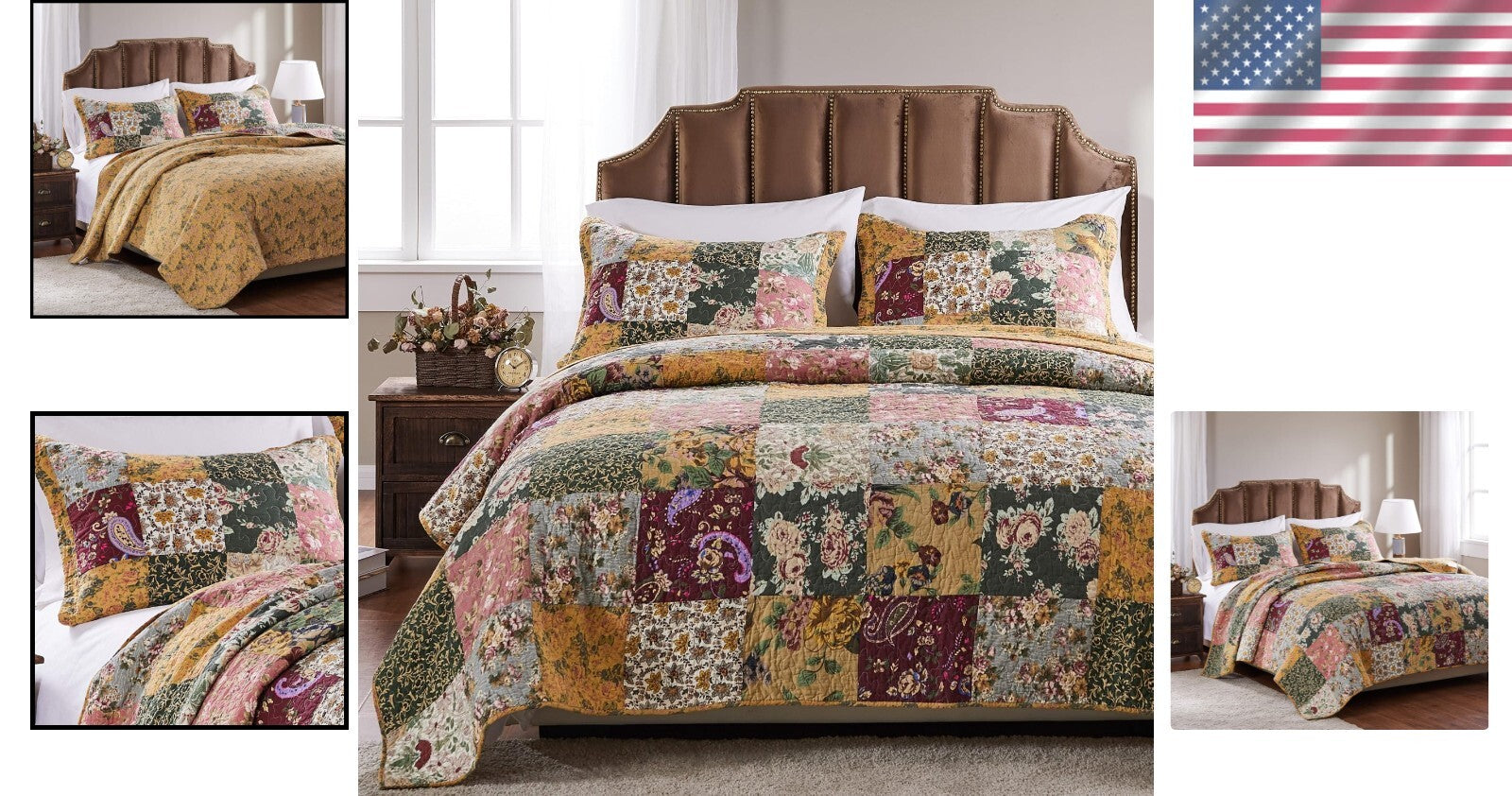 Elegant 3-Piece Full/Queen Cotton Patchwork Quilt Set - Natural Floral Design