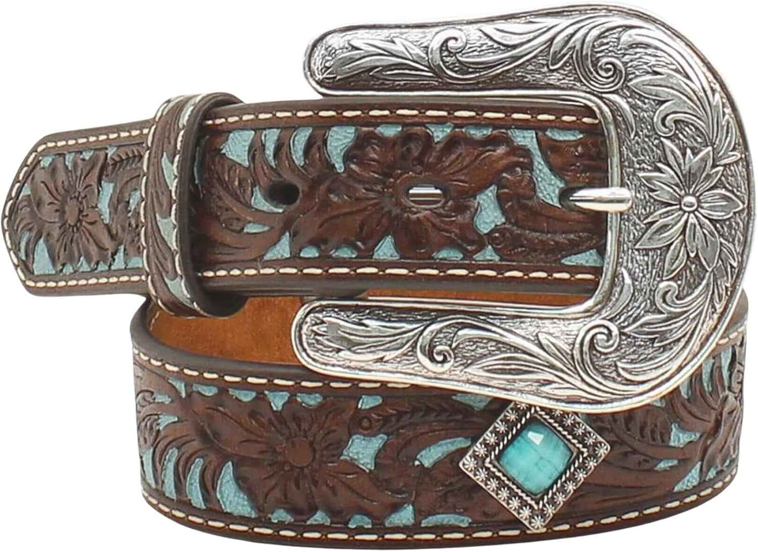 Stylish Girls' Leather Belt with Diamond Turquoise Conchos & Flower Design