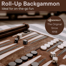 Load image into Gallery viewer, Genuine Leather Travel Backgammon - Compact Roll-Up Game for RVs, Airplanes
