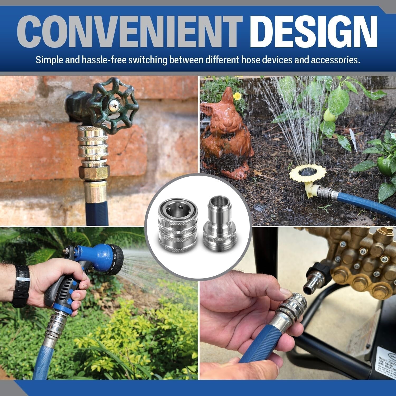 304 Stainless Steel Garden Hose Quick Connect Fittings Set of 4 for Effortles...