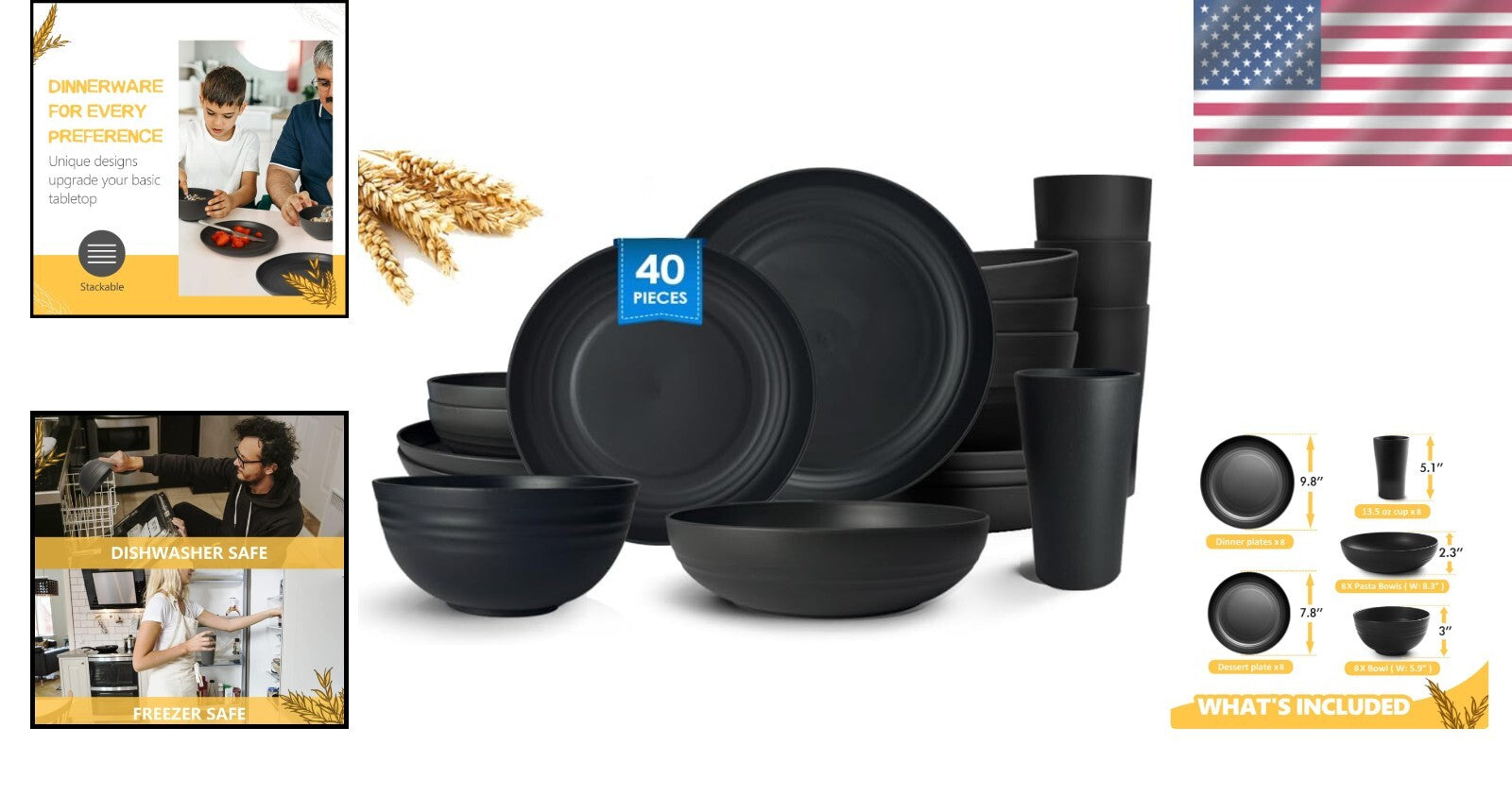 Elegant 40-Piece Service for 8 - Unbreakable Black Dinner Set for Every Occasion