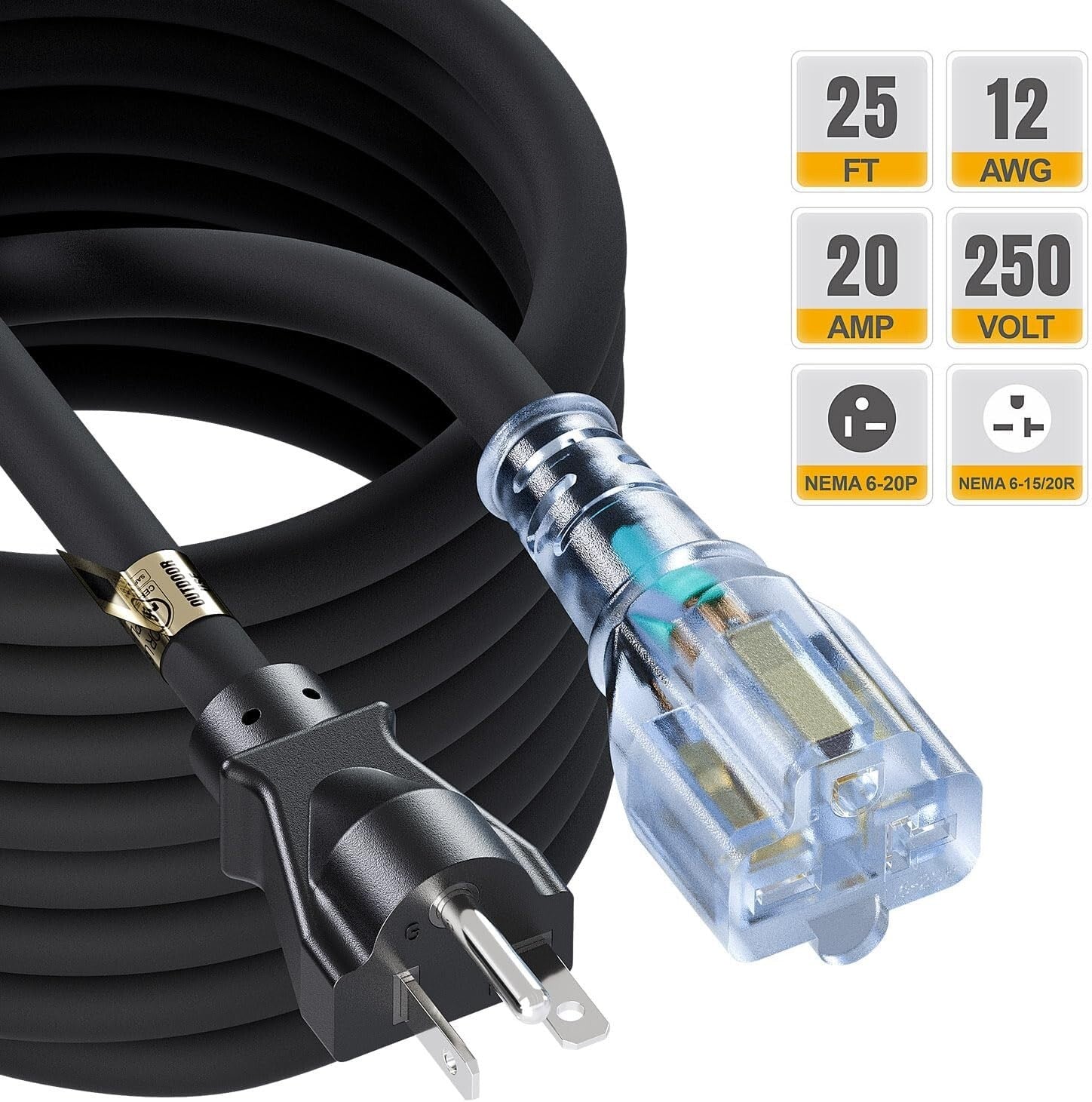 25-Feet / 7.65M Heavy Duty 20 Amp Nema 6-20P Extension Cord with Indicator Light