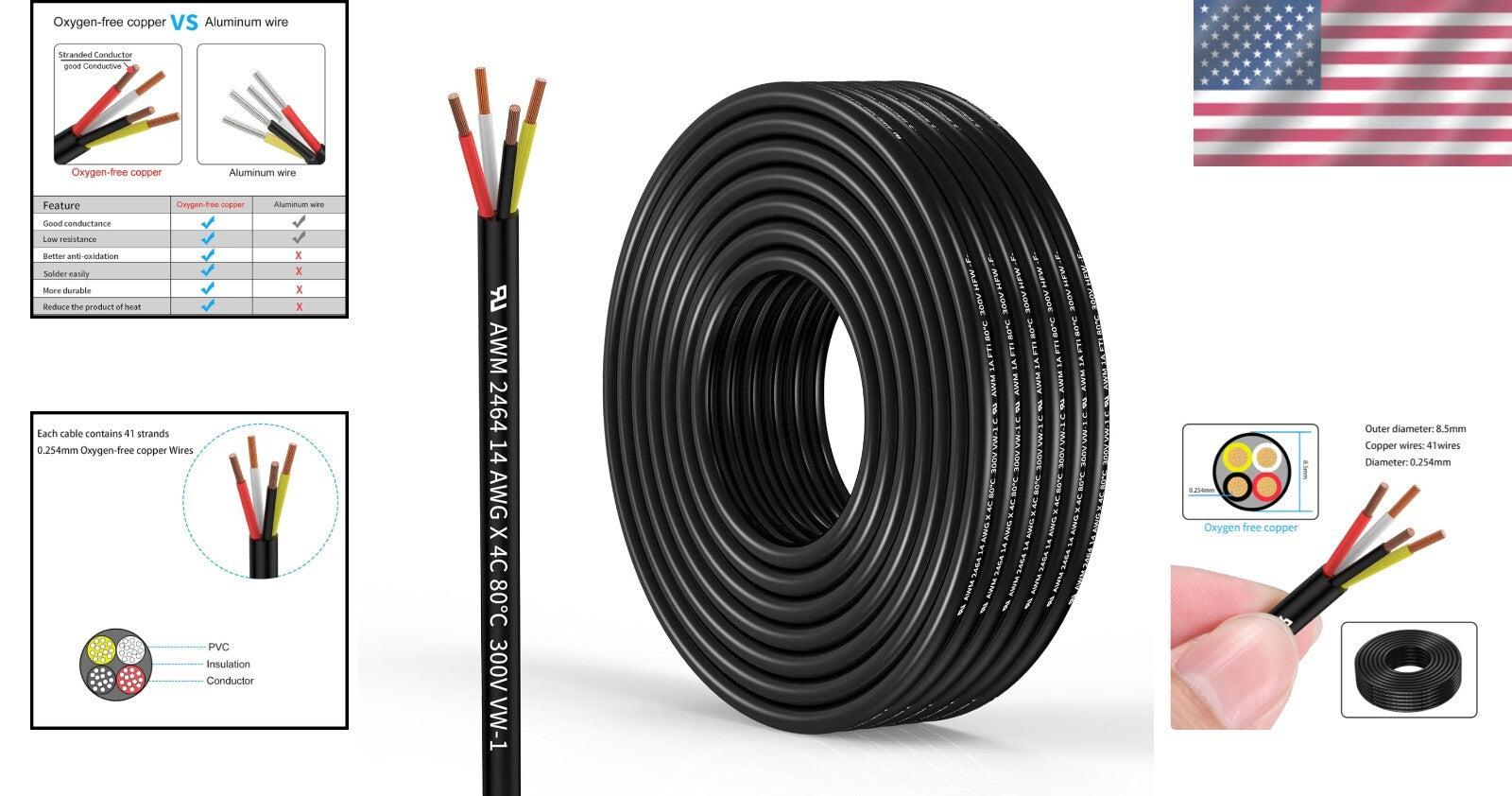 Durable Oxygen-Free 4 Conductor Copper Cable 50FT for Easy Electrical Projects