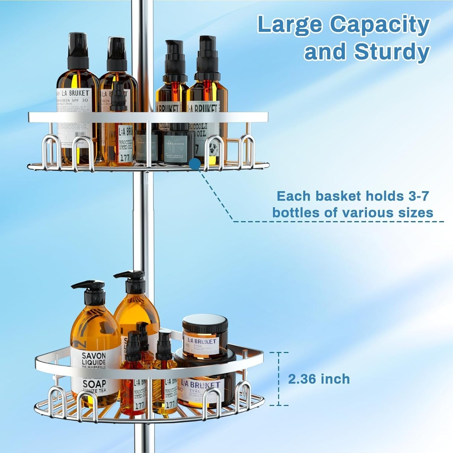 Stainless Steel Shower Corner Shelf with Adjustable Height & Towel Bar - Silver