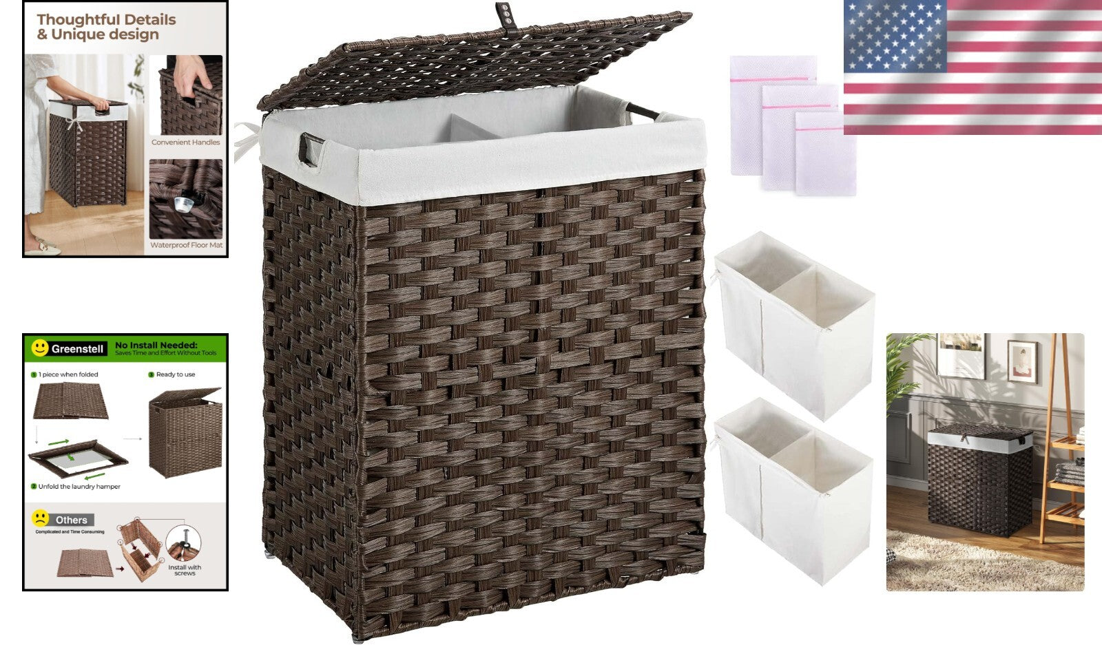 Collapsible Brown Laundry Basket with Removable Liners - No Install Needed