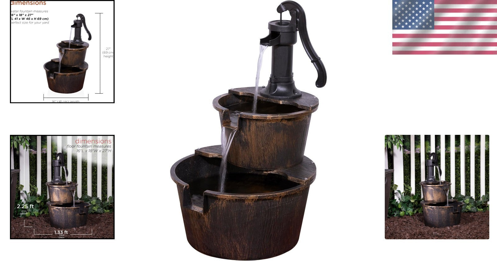 27" Outdoor Rustic 2-Tier Barrel & Pump Fountain - Bronze Finish & Peaceful Flow