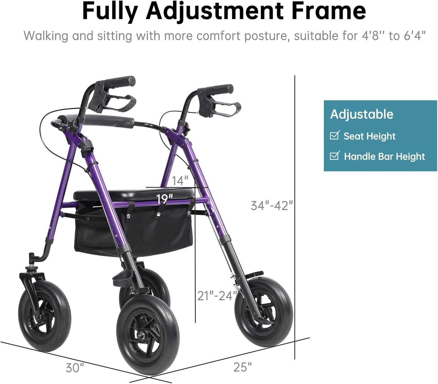 Lightweight Purple Rollator Walker with Large Rubber Wheels & Storage Basket