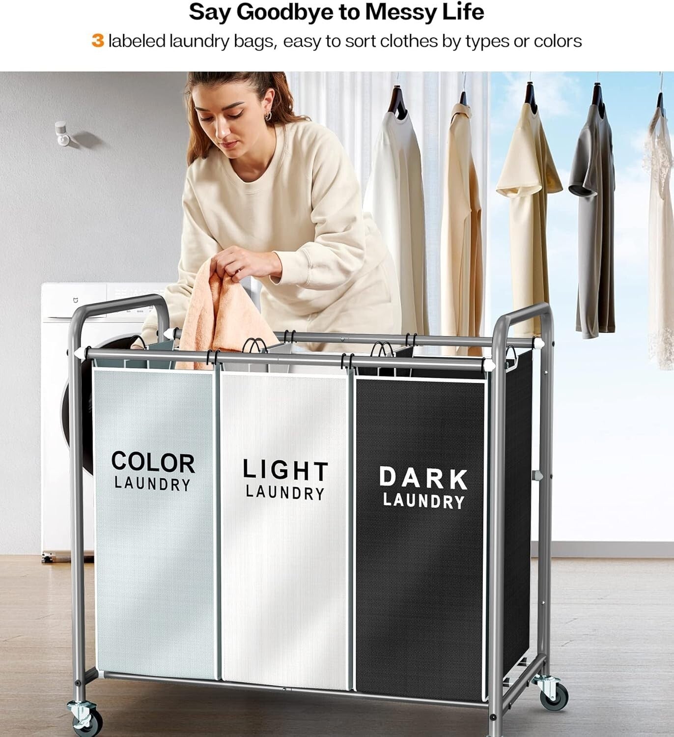 Efficient Laundry Cart with Easy-Access Bags - 3 Compartments for Sorting