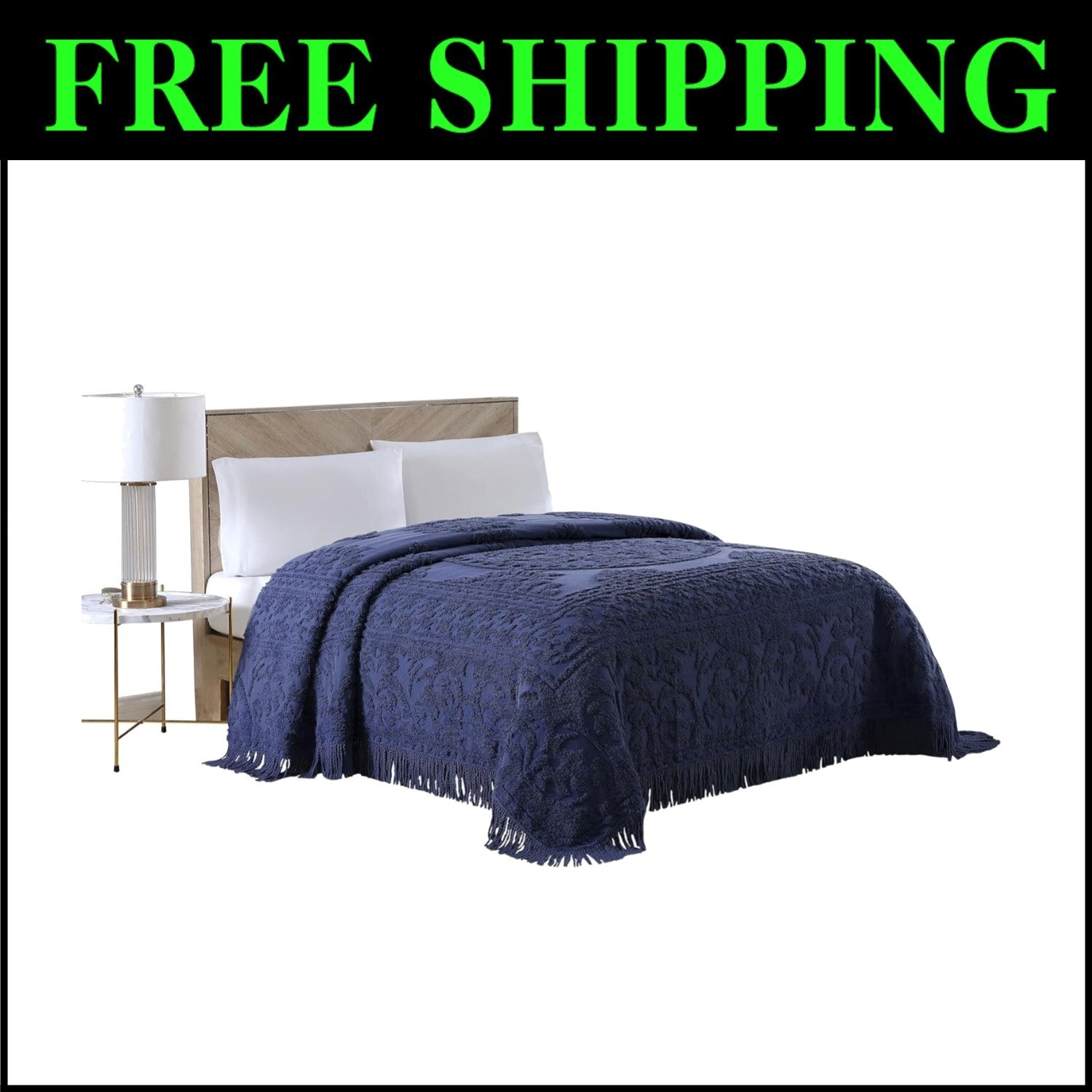 Luxurious Queen Chenille Bedspread in Navy with Elegant Medallion Design