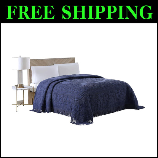 Luxurious Queen Chenille Bedspread in Navy with Elegant Medallion Design