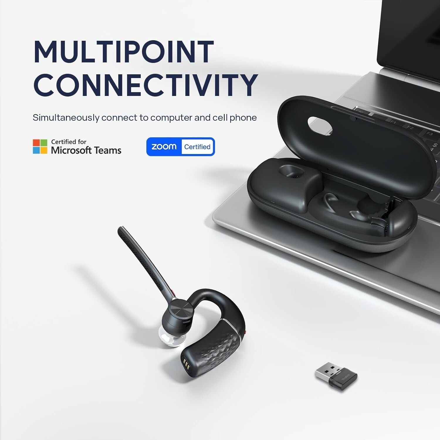 Teams Certified Bluetooth Headset with USB Dongle & Noise Cancelling Mics