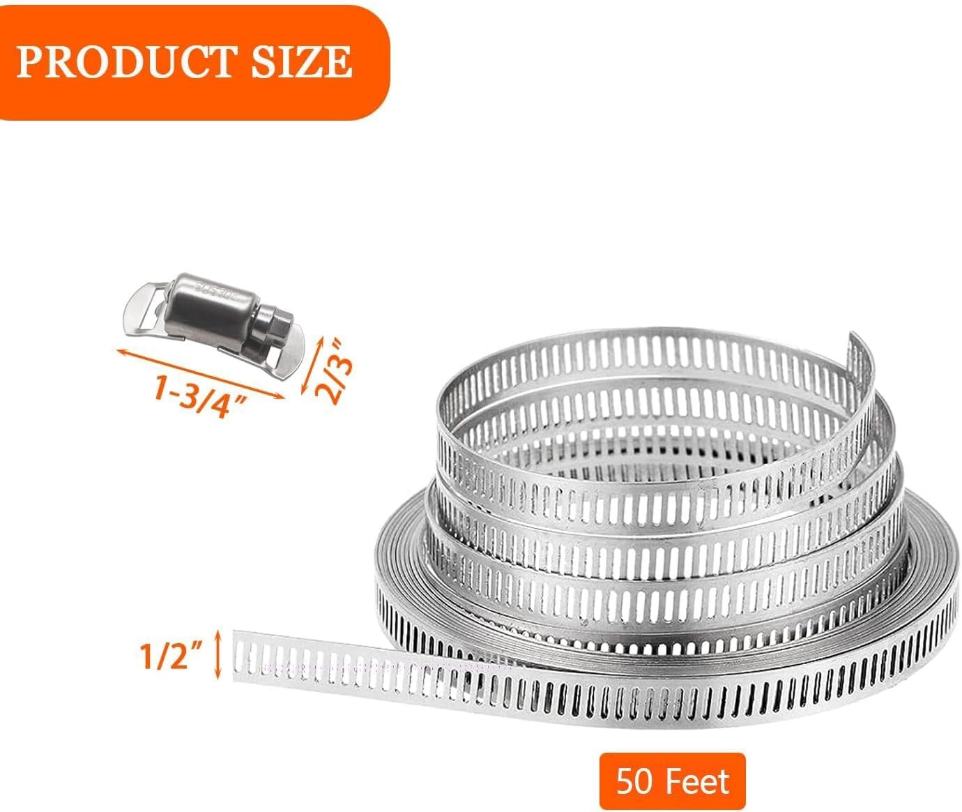 Premium 50FT Metal Strap & 24 Fasteners - Heavy-Duty Stainless Steel Hose Clamps