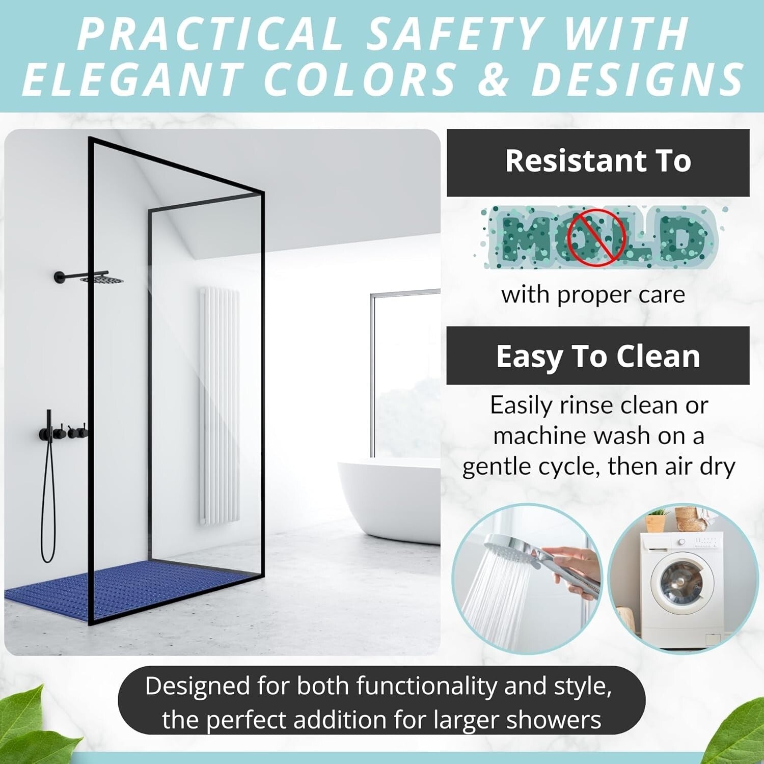 XL Bathroom Shower Mat 47x32 - Durable Anti-Slip with Drain Holes & Suction Cups