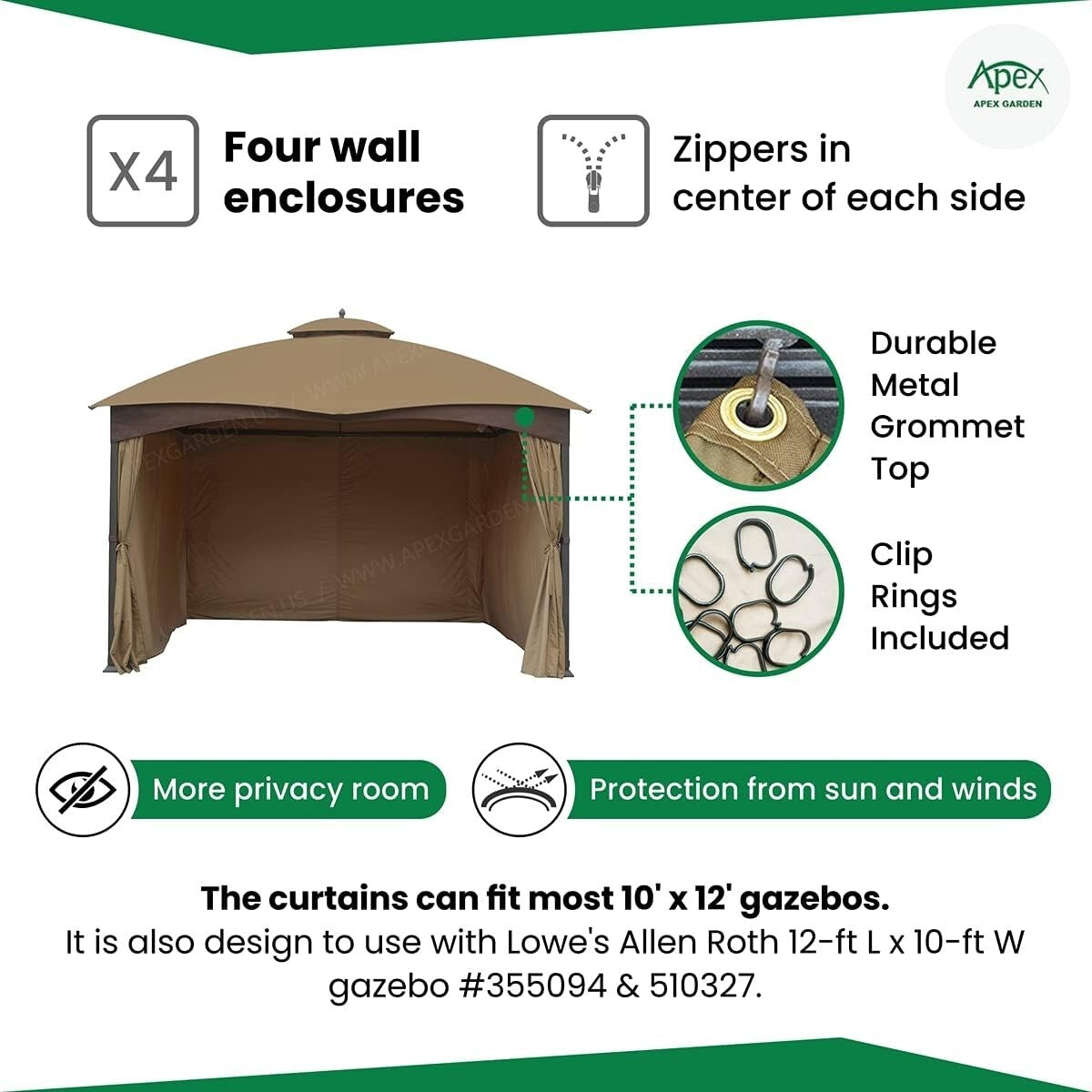 Beige 4-Sided Privacy Curtain Set for 10ft x 12ft Gazebo - Easy Installation