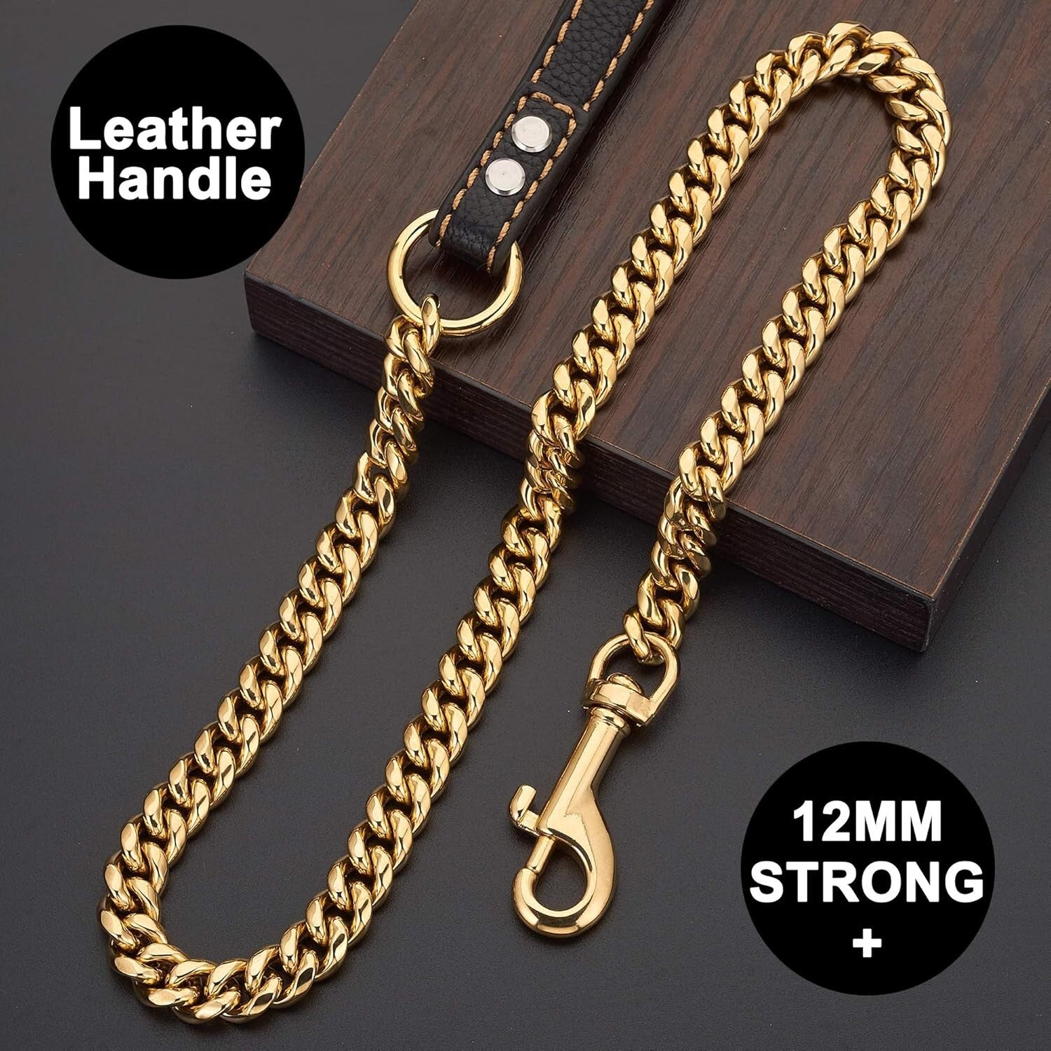 Stainless Steel Cuban Link Dog Leash with Padded Leather Handle for Large Breeds