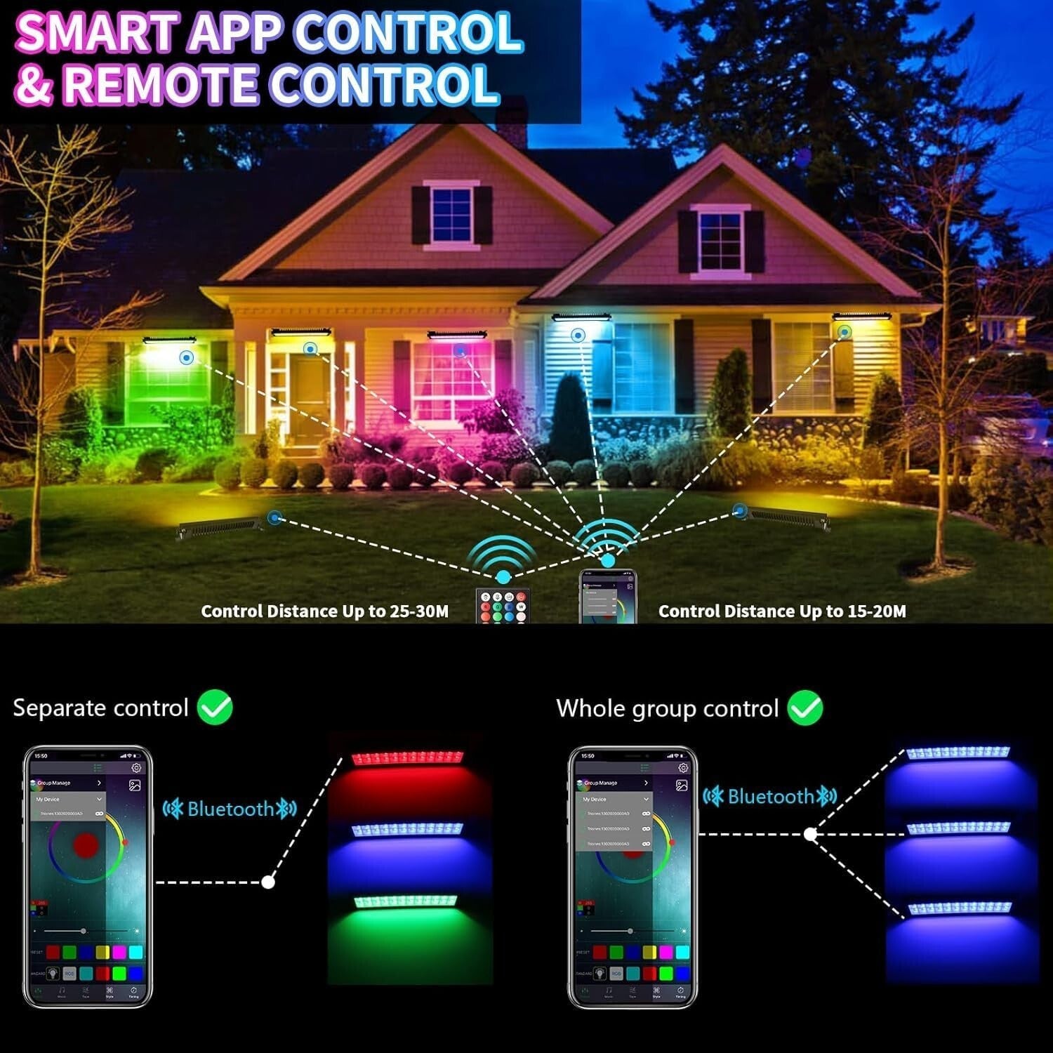 2 Pack RGB+ Warm White LED Wash Light Bar with Music Sync & Timer Function