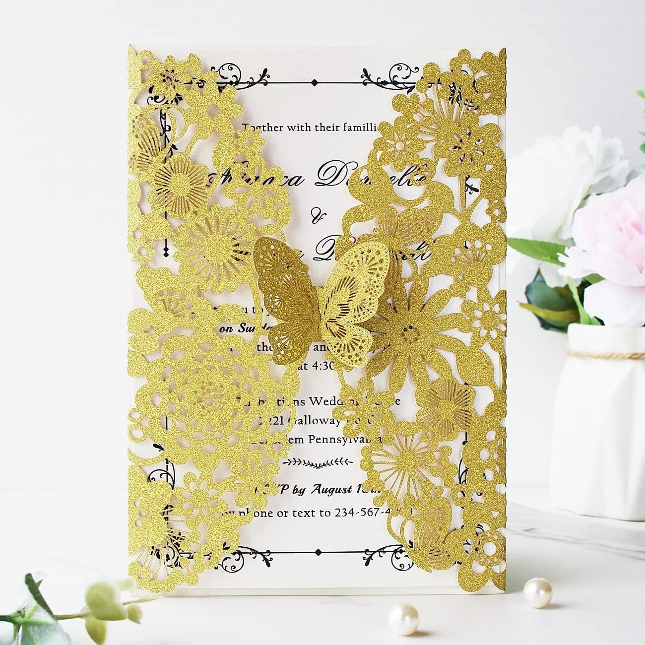 50 PCS Gold Laser Cut Lace Flora Wedding Invitations with Butterfly & Envelopes