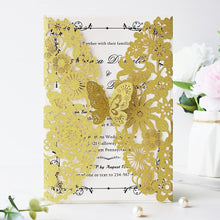 Load image into Gallery viewer, 50 PCS Gold Laser Cut Lace Flora Wedding Invitations with Butterfly &amp; Envelopes